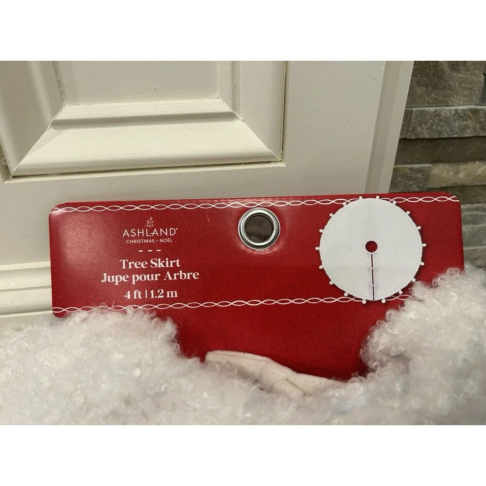 Ashland Christmas Tree Skirt White Pom Pom Trim Round 4 ft Fabric Holiday